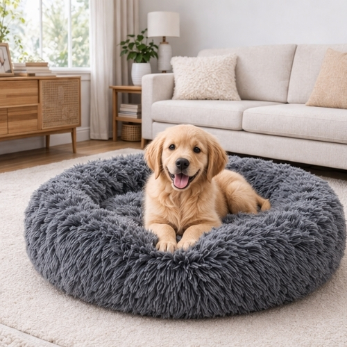 Cama Nuvem Pet Redonda Pelúcia Luxo Cachorro e Gato Caminha Grande Confortável Cinza Premium Antialérgica Para Animais