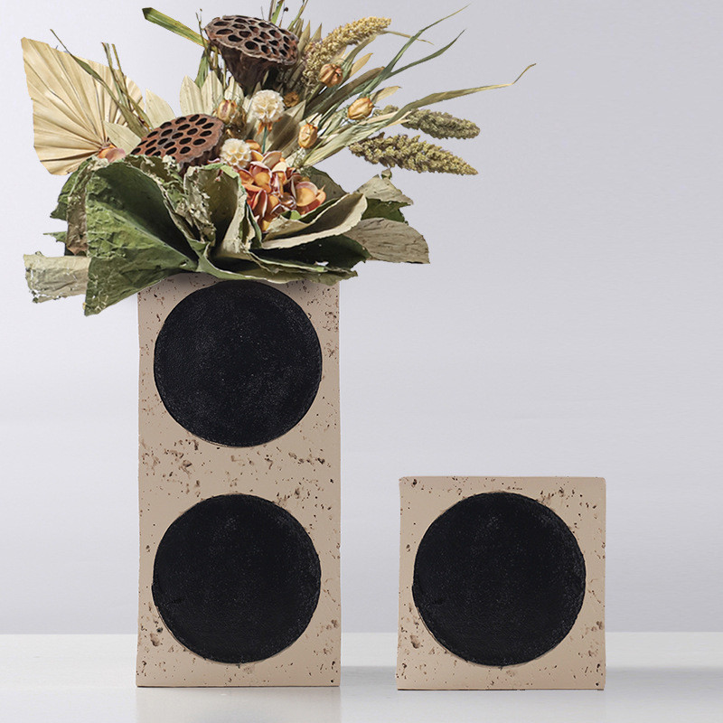 Wabi-sabi style large polka dot square flower vase, designer soft decor with unique creative flower arrangement, study r