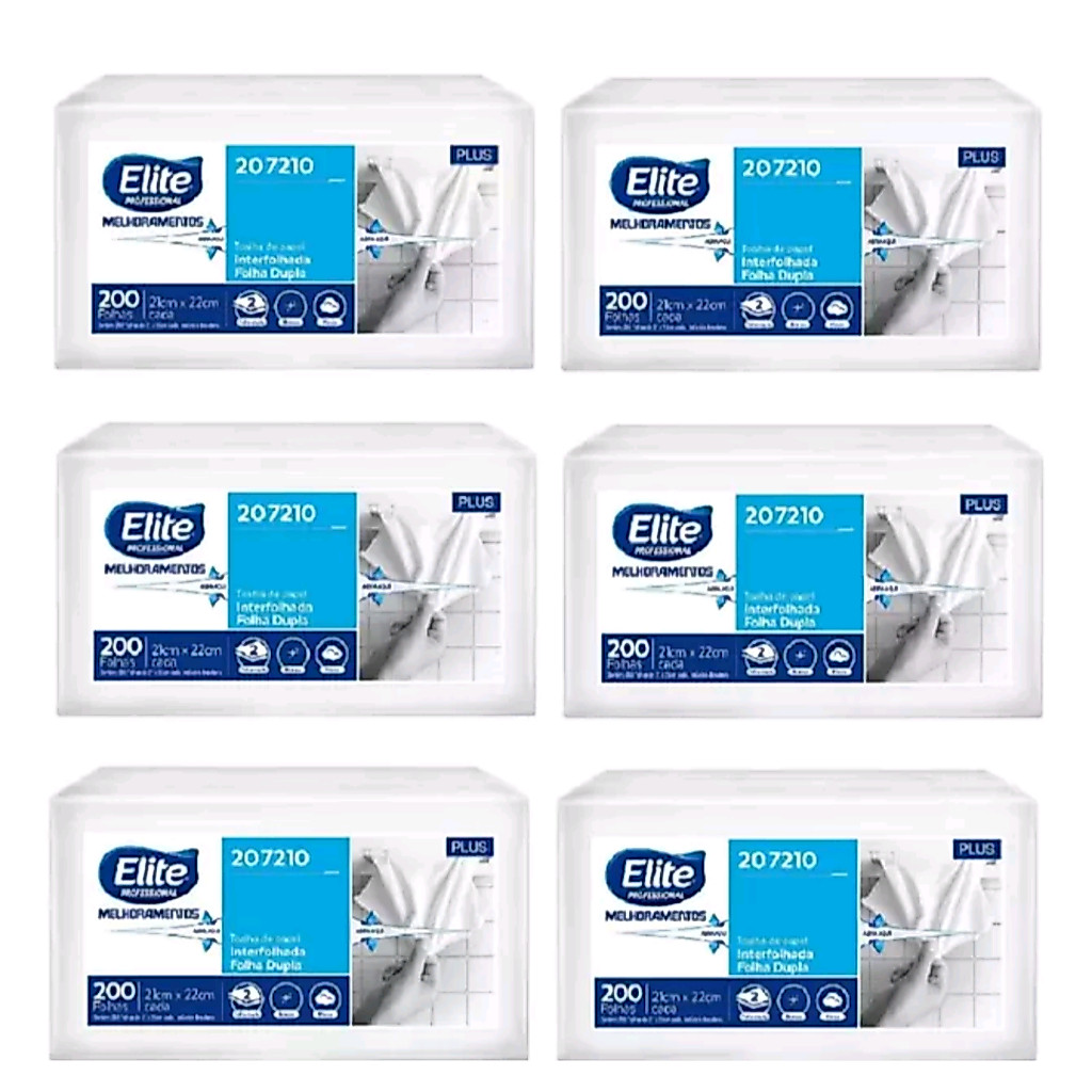 Kit Papel Toalha Folha Dupla Interfolhado Elite Professional Plus 6 Pacotes com 200 Cada