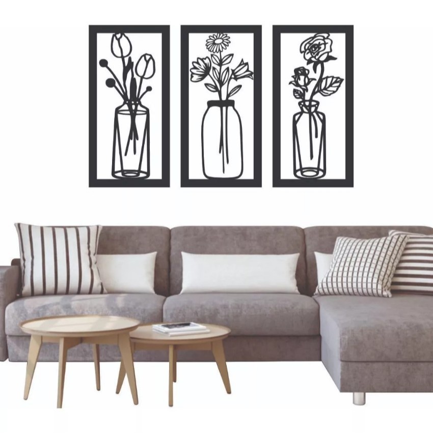 Kit 3 Quadros Decorativos MDF Floral Preto Fosco Decoração de Interiores