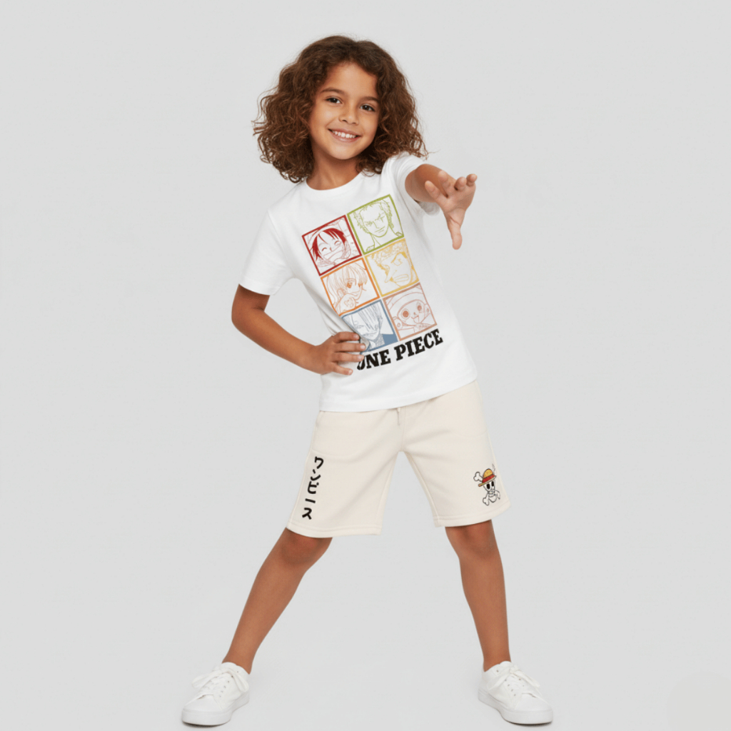 Kit Infantil Anime One Piece Camiseta E Bermuda Conjunto Mugiwaras Blusa 100% Algodão e Bermuda Moletom