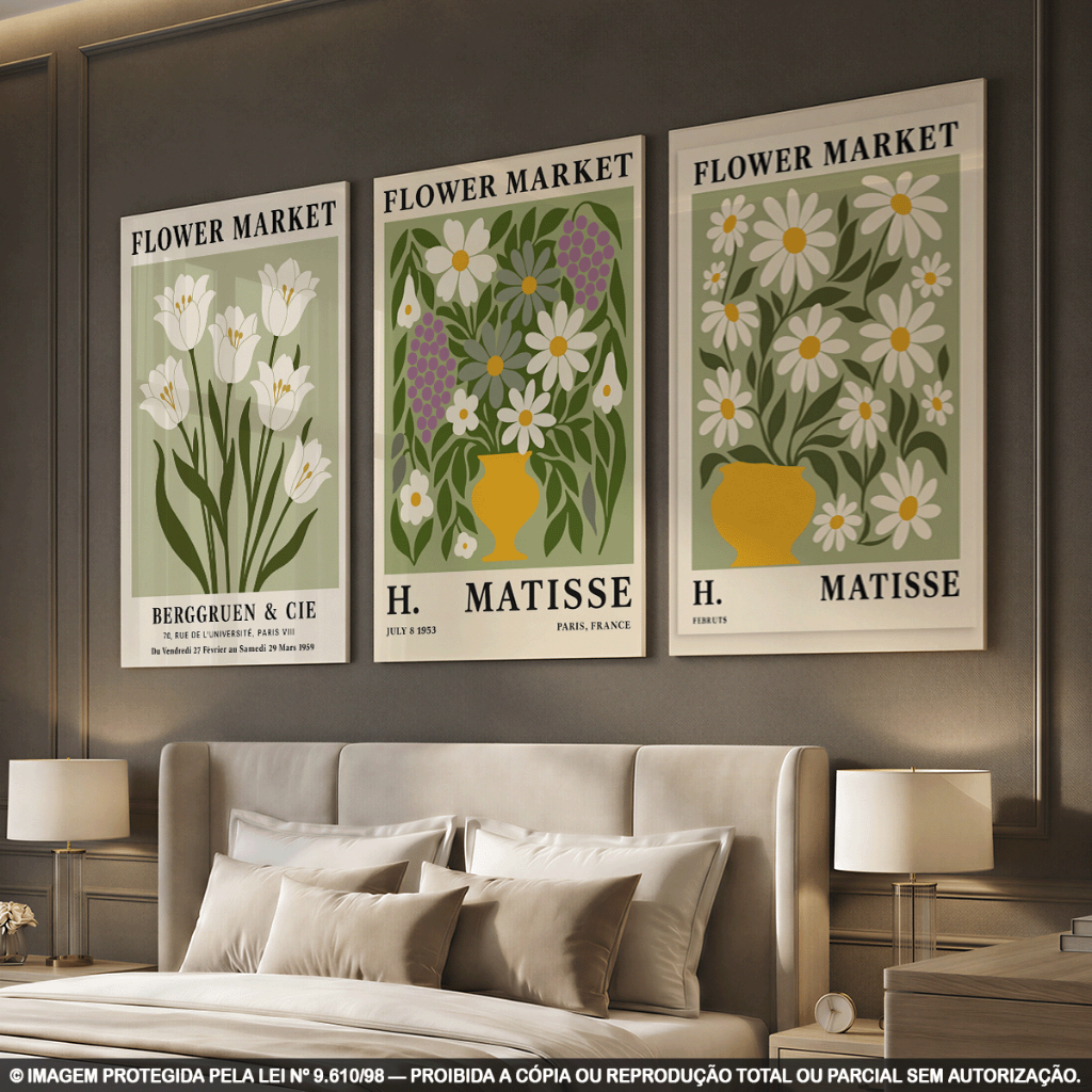 Kit 3 Quadros Decorativos Flower Market Floral Matisse | Flores, Margaridas e Tulipas | Estilo Vintage Botânico