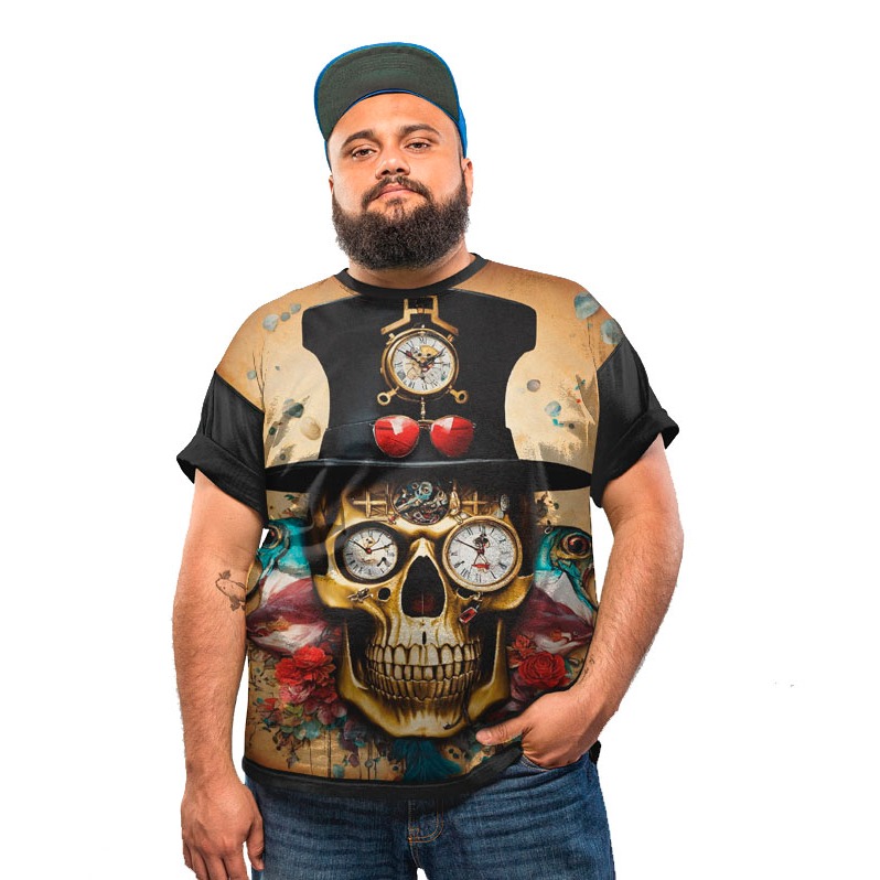 Camiseta Plus Size Chapeleiro Caveira Flowers Vintage Rock
