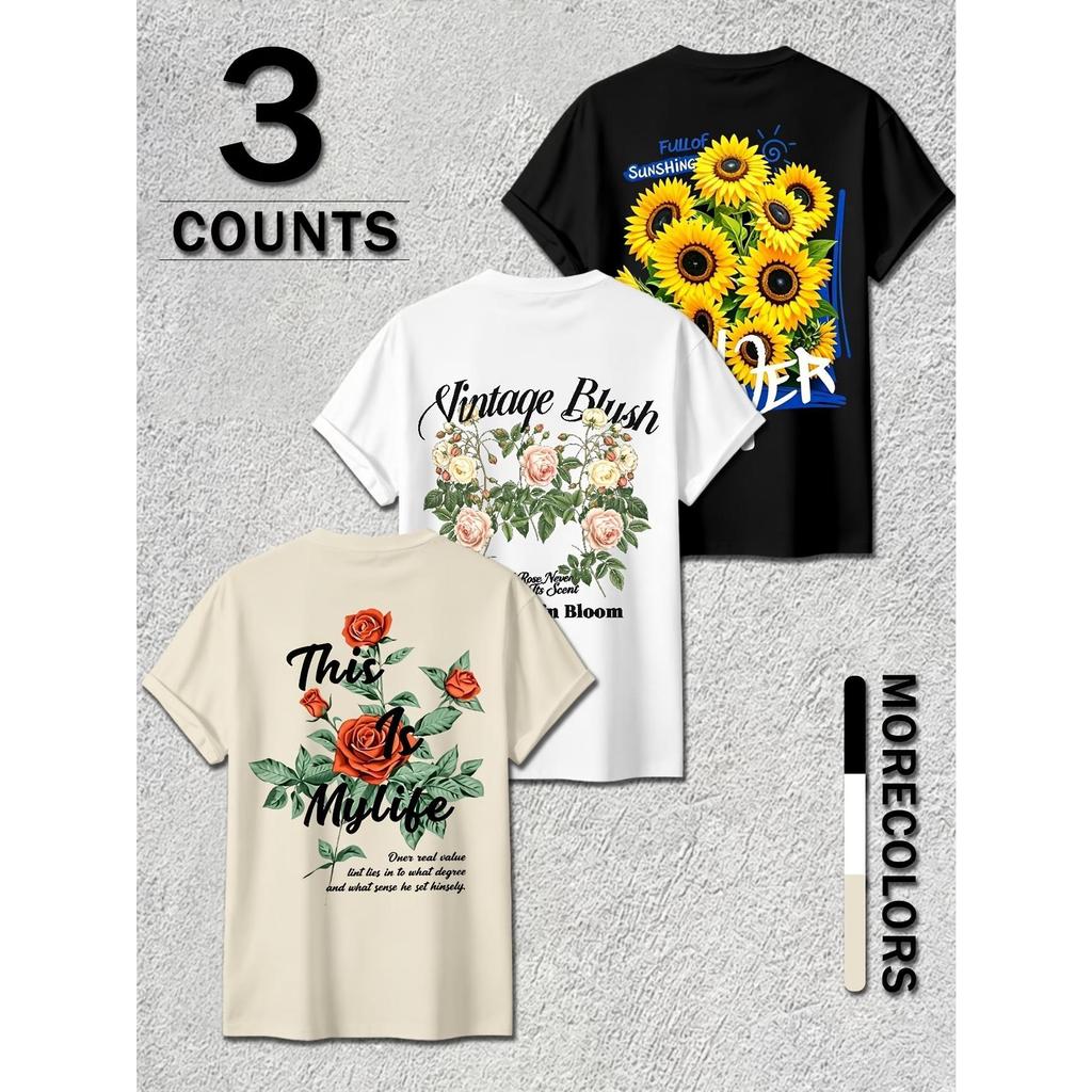 Kit 3 Camiseta Blusinha Feminina Algodão Premium Adulto Plus Size Infantil Estampado Flower Fores Girassol vintage bush