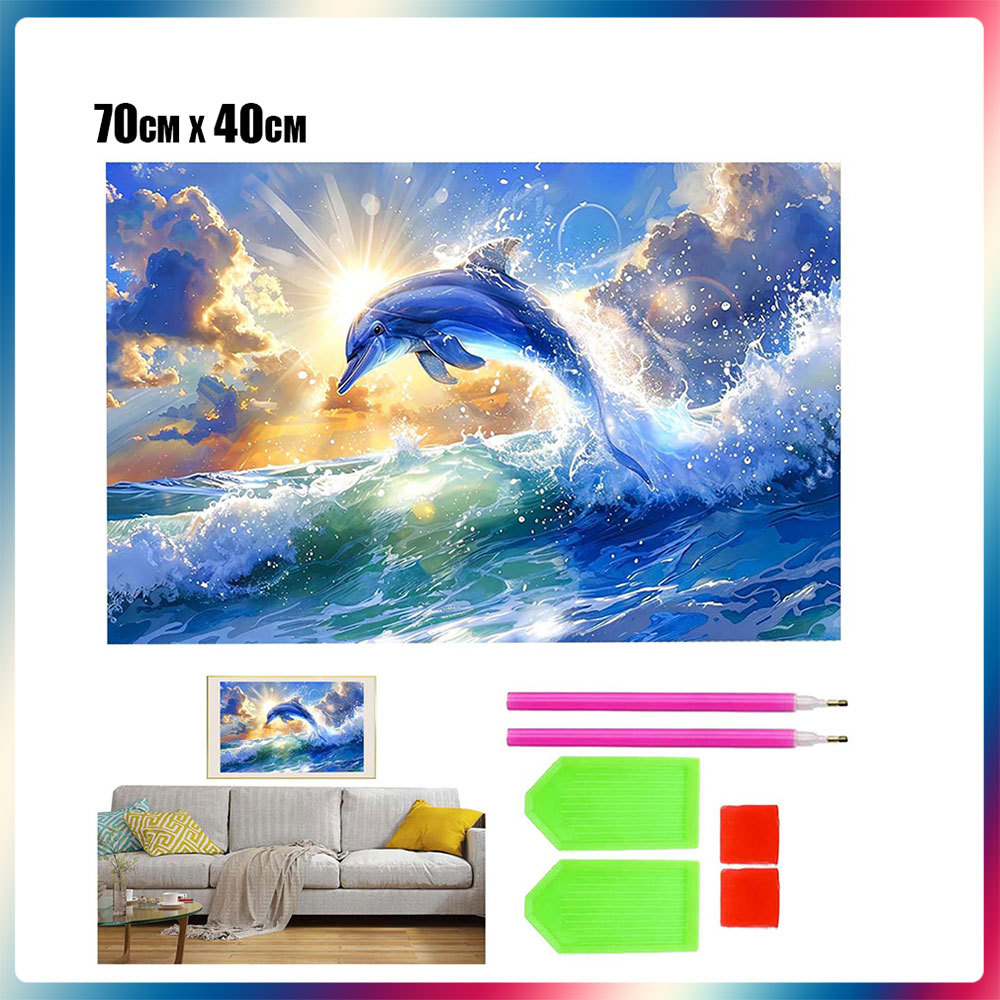 Conjunto de pintura de diamante quadrado 5D DIY, presente de decoração de parede para casa-70x40cm Clear Sky Dolphin
