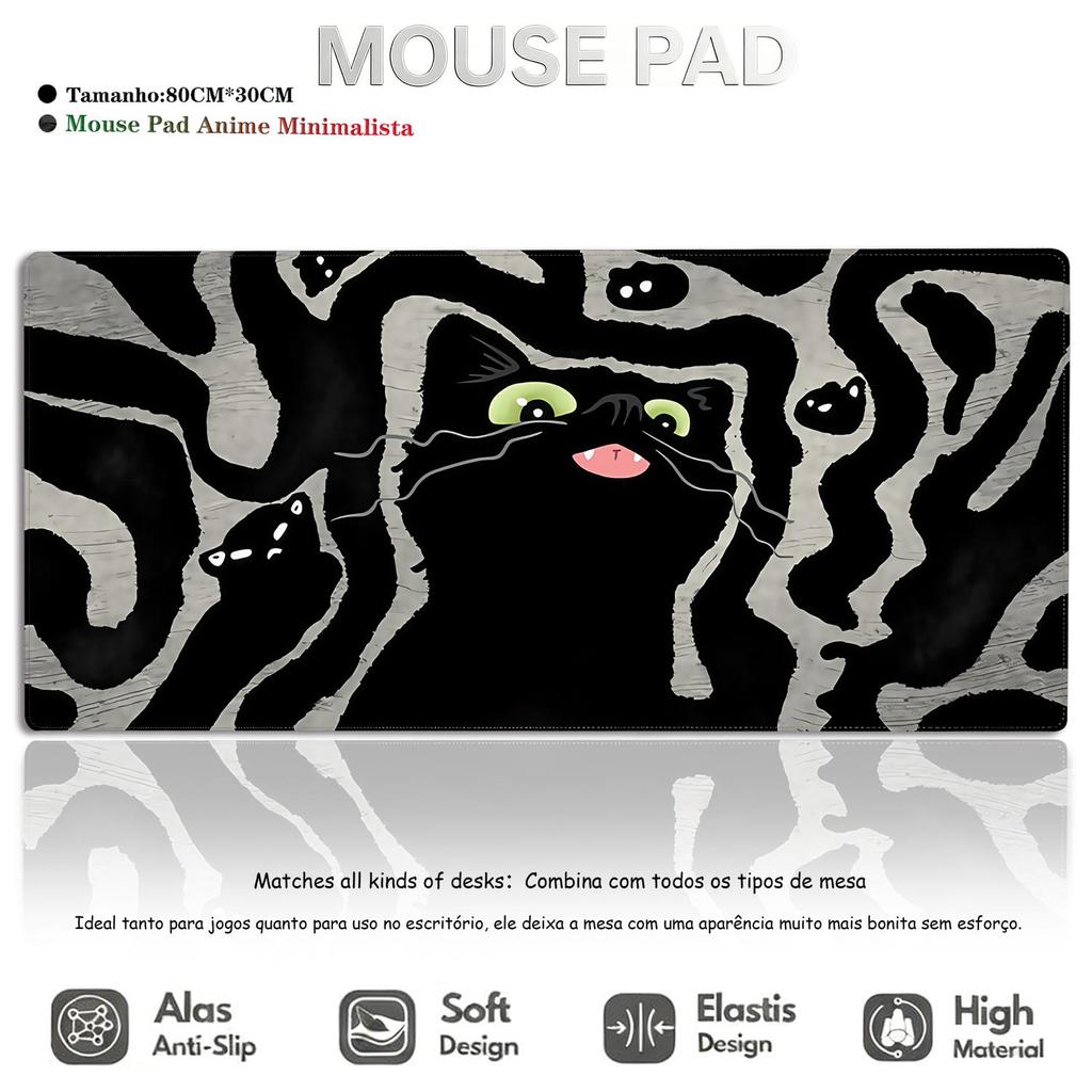 Mouse Pad Anime Gato Arte Linear Antiderrapante Gamer E-Sports Aesthetic XL 80x30cm Preto Premium Textura Única