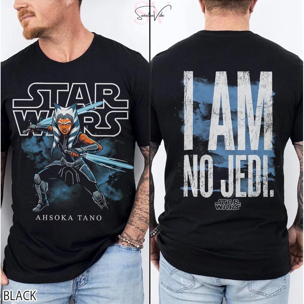 Camiseta Cinza - Preta Unisex, Alta Qualidade, Design com Personagem de Star Wars Ahsoka Tano, Textos 