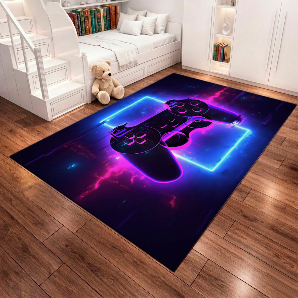 Tapete Controle Video Game Infantil Neon Gamer Para Quarto Grande Antiderrapante Decoração