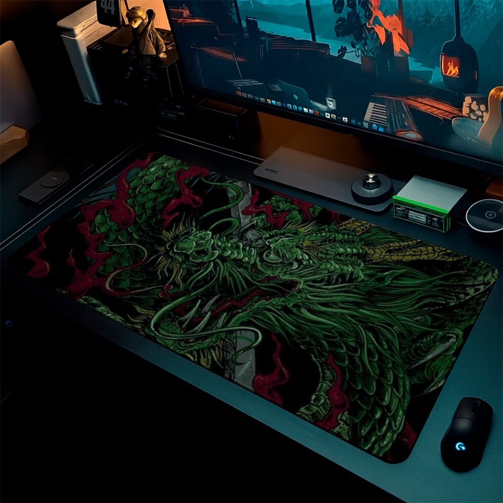 MousePad Gamer Speed Confortavel Liso Com Bordas Costuradas E Base Antiderrapante Com Estampa Dragon And Japan Green