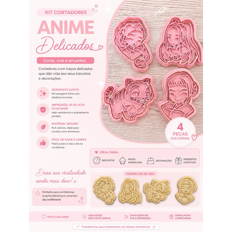 💖 Kit Cortadores Guerreiras Anime 3D para Biscoitos Cortador + Carimbo | Estilo Kawaii | PLA Premium | 4 Peças