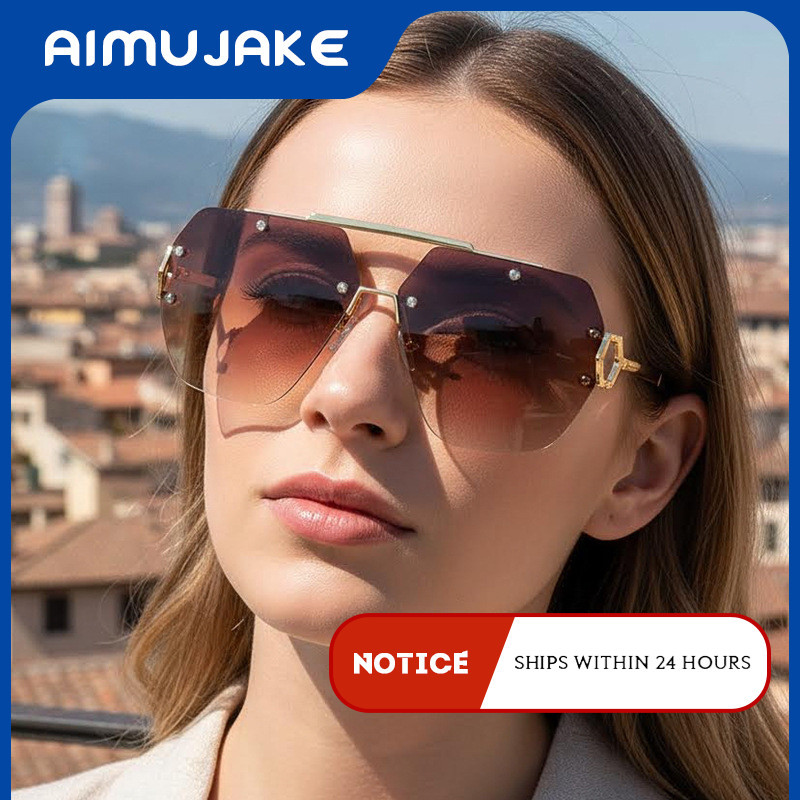 (AIMUJAKE) Euro-American New Arrival Double Bridge Rimless Polygon Óculos De Sol Grandes Para Mulheres , UV400 Seu Stree