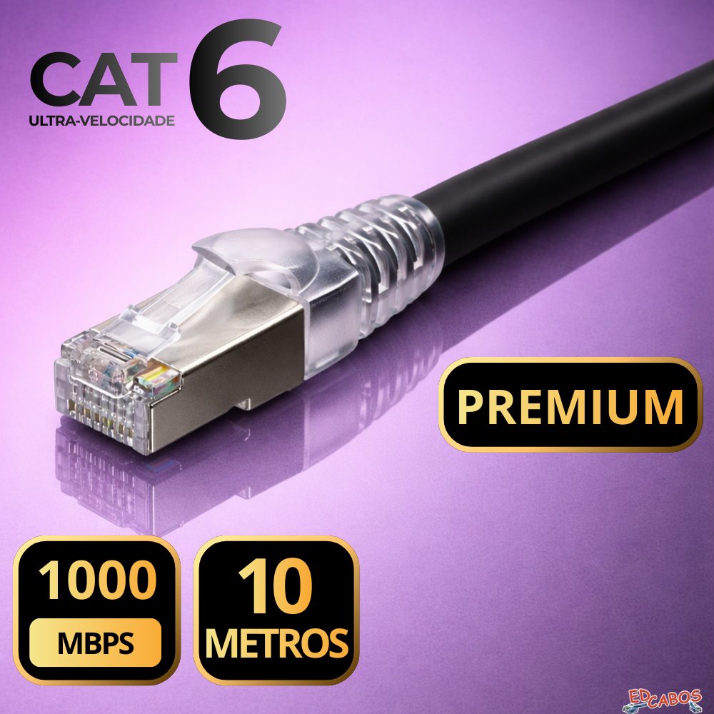 CABO DE REDE CAT6 10 METROS PREMIUM PRETO 1000MBPS