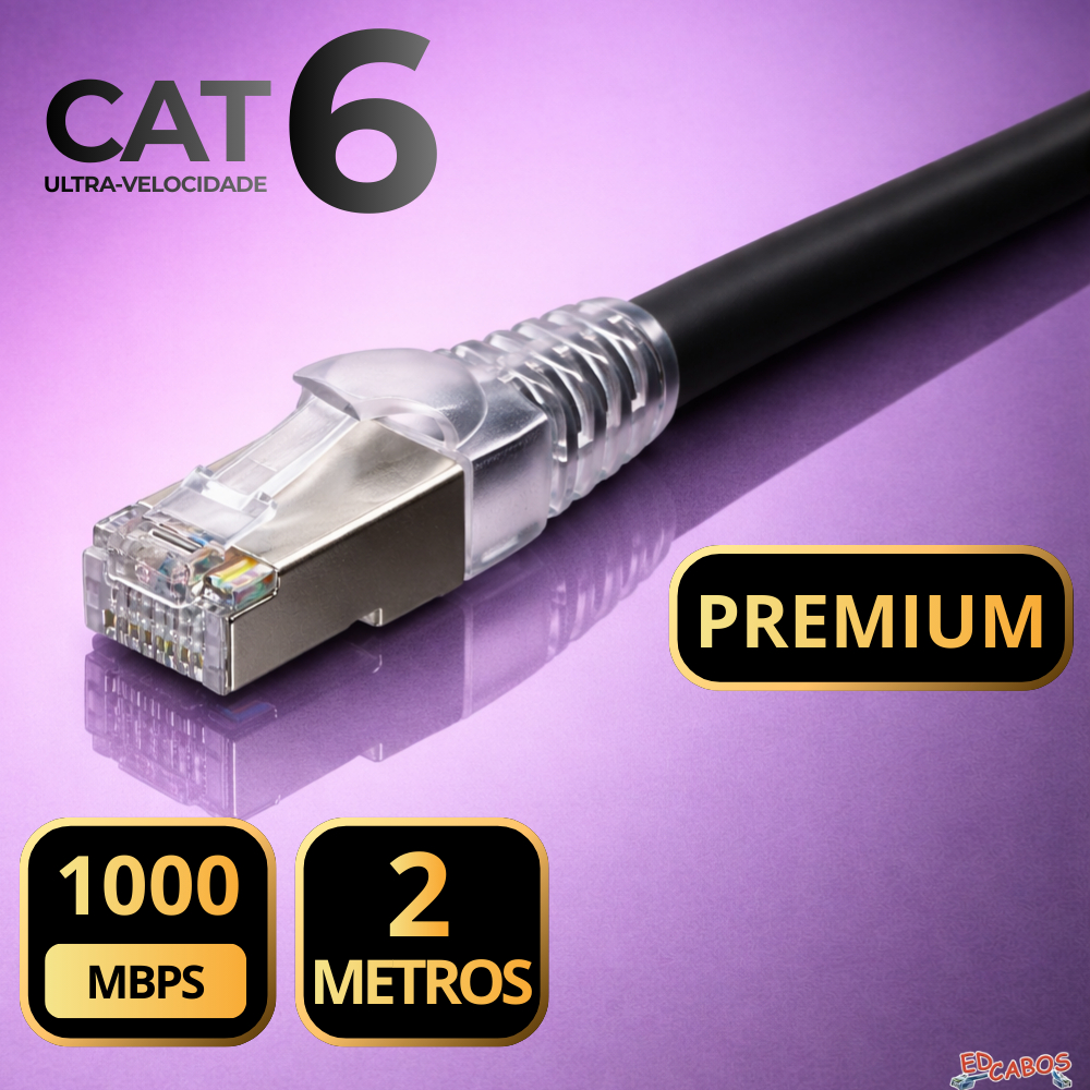 CABO DE REDE CAT6 2 METROS PREMIUM PRETO 1000MBPS