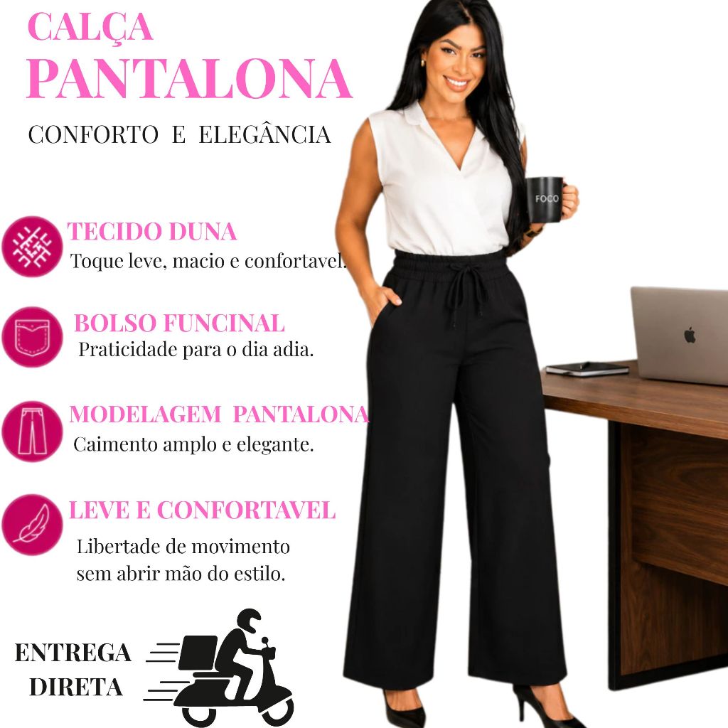 Calça Social Feminina Pantalona Duna Cintura Alta Com Bolsos Moda Evangélica Casual pluz size M e G1 l