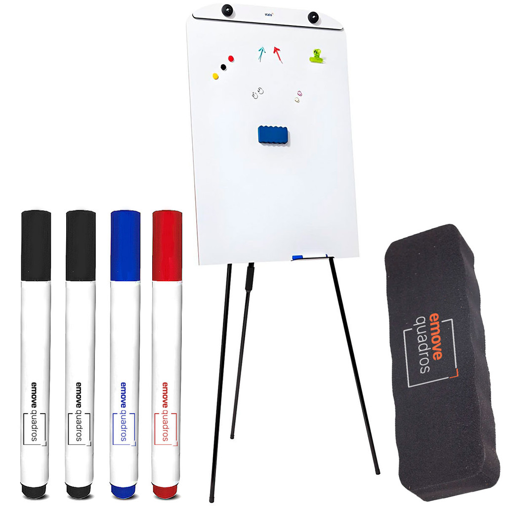 Flip Chart Cavalete Retrátil Magnético Quadro Branco 4 Canetas e Apagador