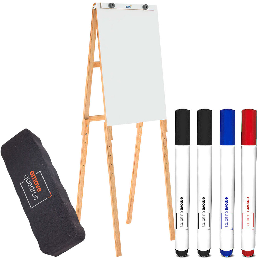 Flip Chart Cavalete Madeira 87x56cm Quadro Branco 2 em 1 4 Canetas Apagador