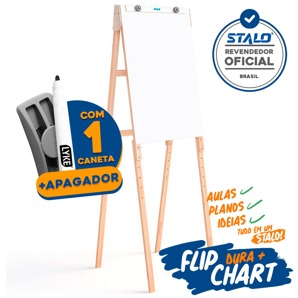 Cavalete Flip Chart 87x56cm Madeira MDF Lousa Branca com Brindes