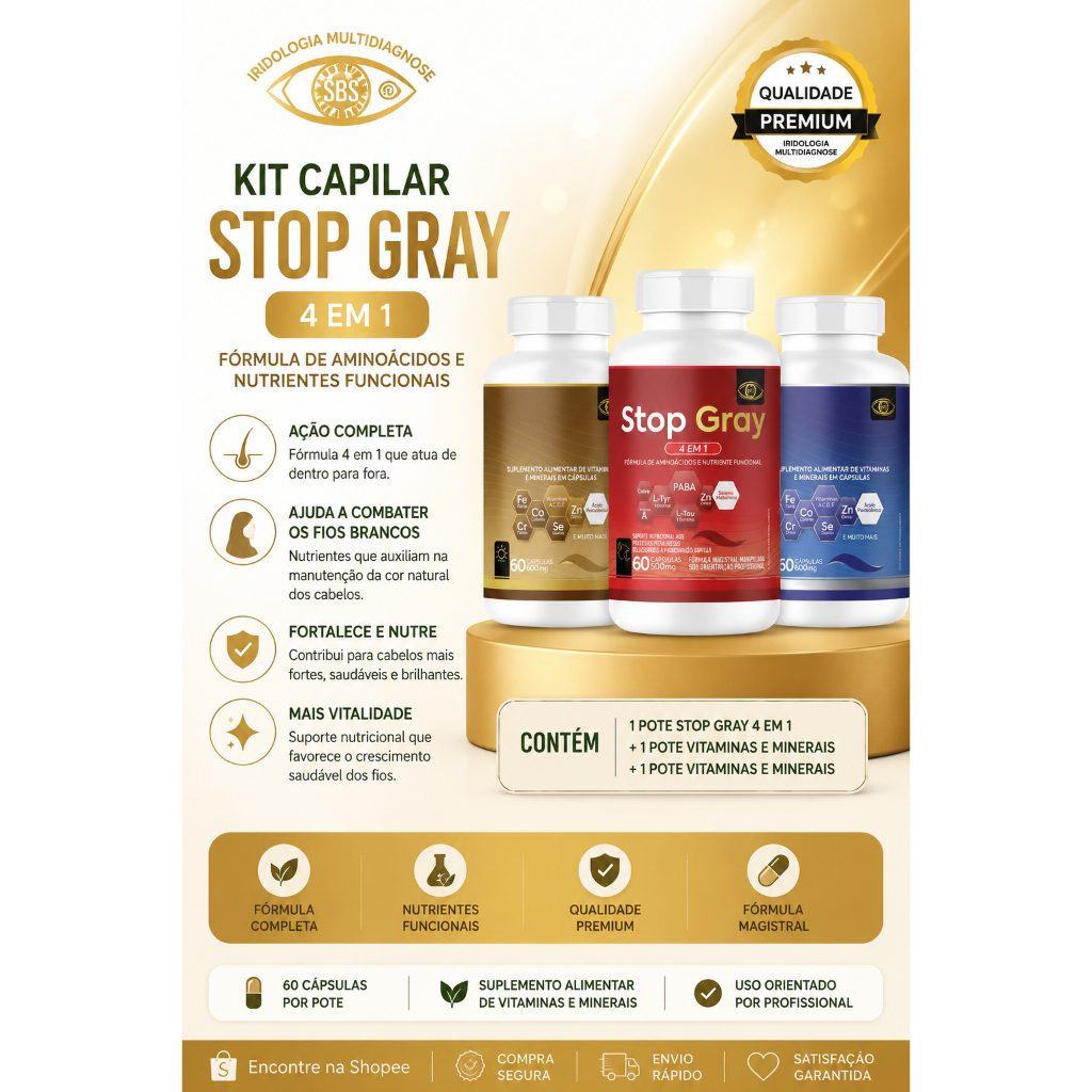 Kit Capilar Stop Gray 4 em 1 | Auxilia na Pigmentação Natural dos Cabelos | Vitaminas e Minerais | 180 Cápsulas