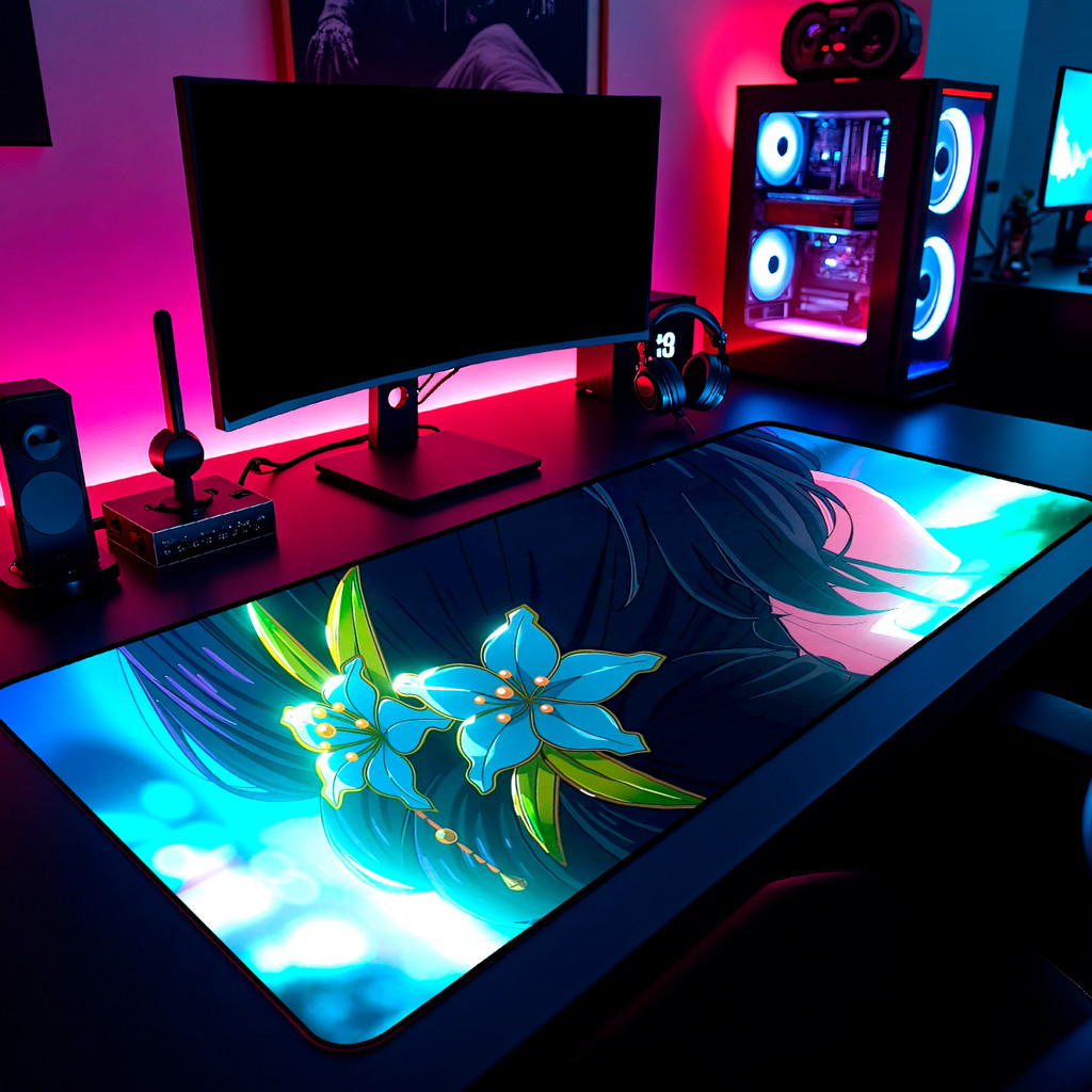 Mouse Pad Gamer Maomao Flower Art 65x30cm 80x40cm 90x50cm 120x60cm Borda Costurada