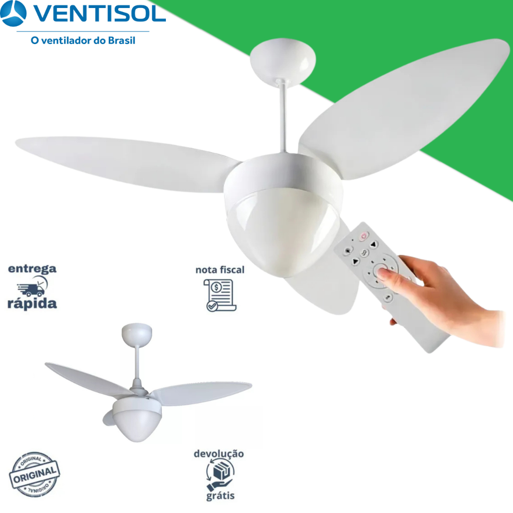 Ventilador de Teto Silencioso Ventisol AIRES Inverter 3P, Branco 127V/220V Econômico, Potente bivolt