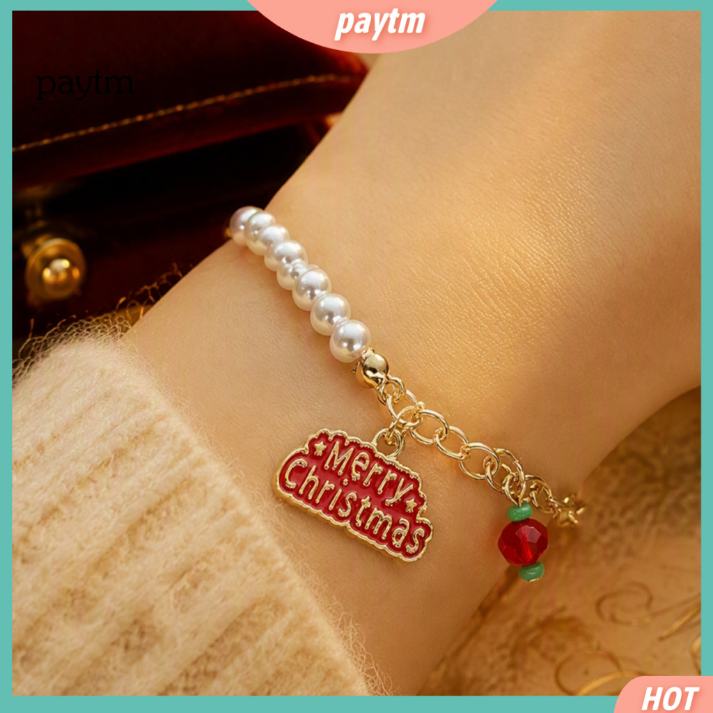 Seasonal Fashion Wristband Christmas Bracelet for Women Beaded Charm for Faux Pearl Stackable Holiday Jewelry Festive Pa