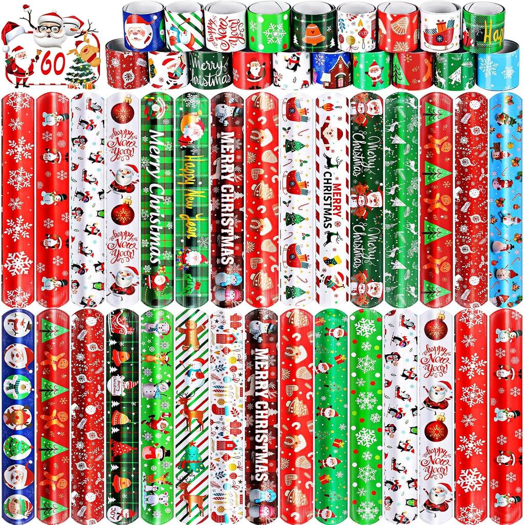 LUYI 60 PCS Christmas Slap Bracelets, Christmas Party Favors Toys for Kids Xmas Slap Wristbands Snap Bracelets Bulk for