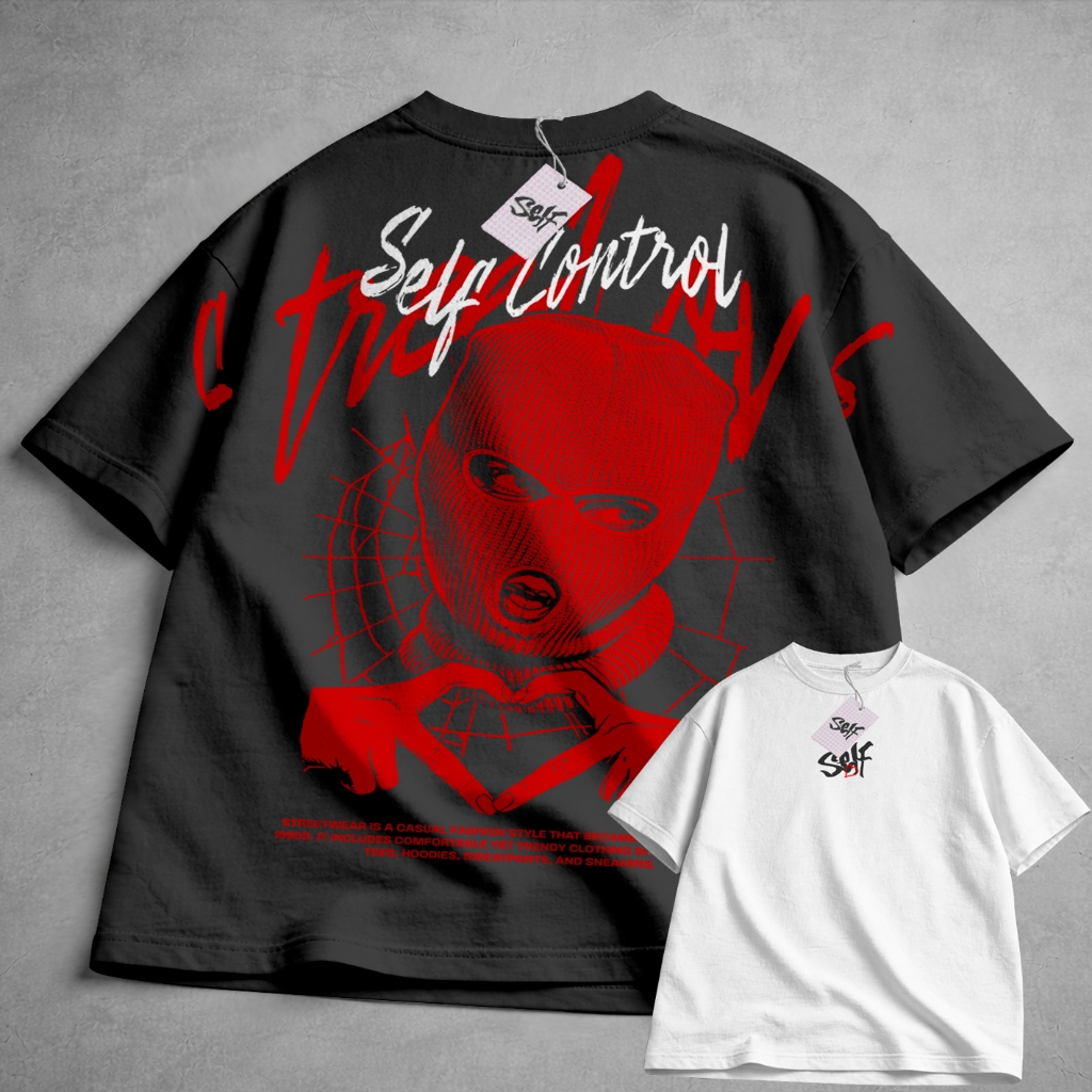 Camiseta Oversized SELF CONTROL Red Mask Streetwear Gangsta Girl Camisa Premium