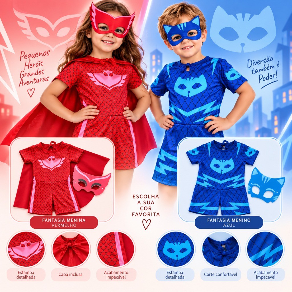 Fantasia Corujita PJ Masks Menina e Menino Gato Acompanha Máscara - Informe a cor no Chat