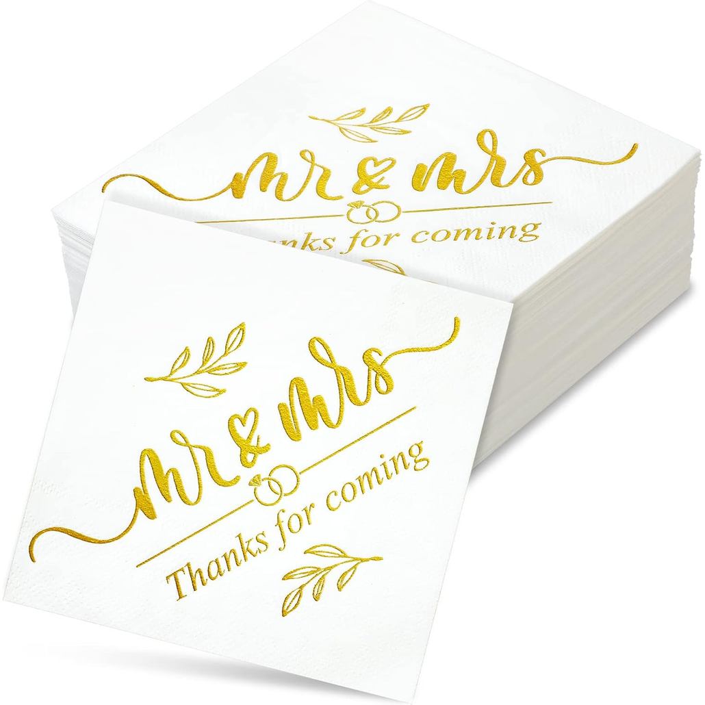 200 Pcs Wedding Napkins for Reception Disposable Bridal Shower Napkins Gold Foil Wedding Decorations Mr and Mrs Napkins