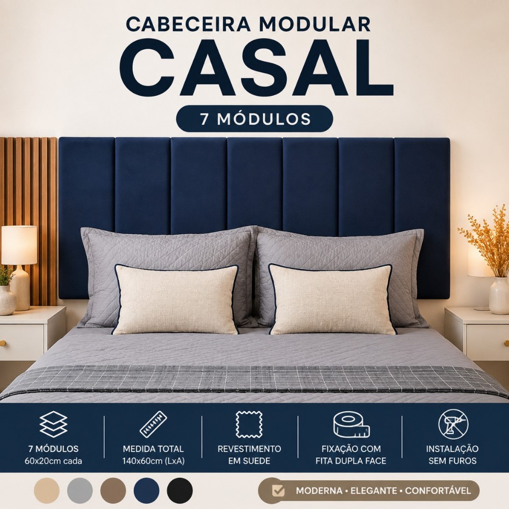 Cabeceira Casal 140x60 Estofada Suede Autocolante Sem Furo 7 Módulos  Brambila