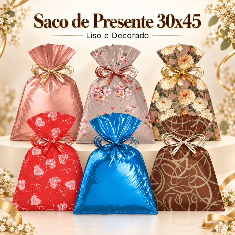 Saco Para Presente Metalizado 30x45cm Kids 10, 25 ou 50UN - AMOR - PRESENTE - NATAL