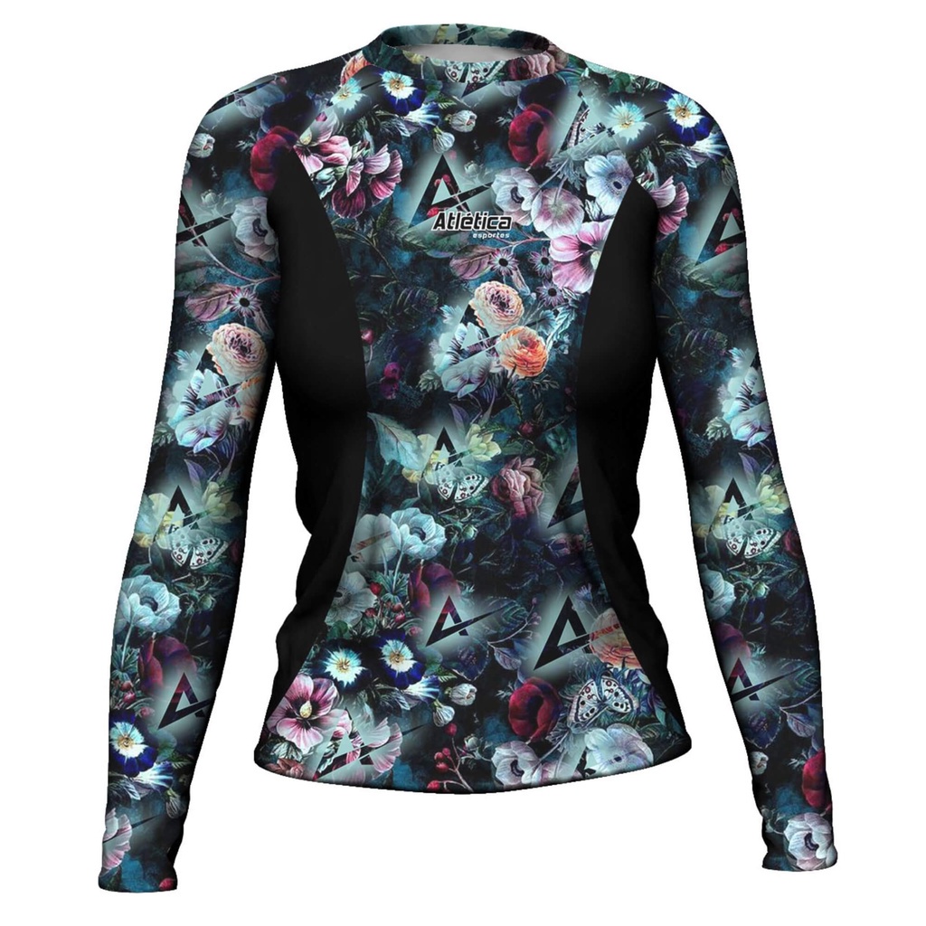 Rash Guard Feminina Camisa Jiu Jitsu No-Gi Lycra Surf White Flower Manga Longa