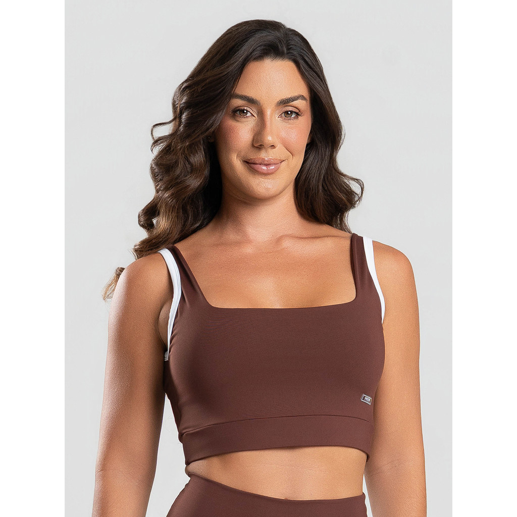 Top Poliamida Decote Quadrado Marrom Com Vivo Branco Massam Fitness
