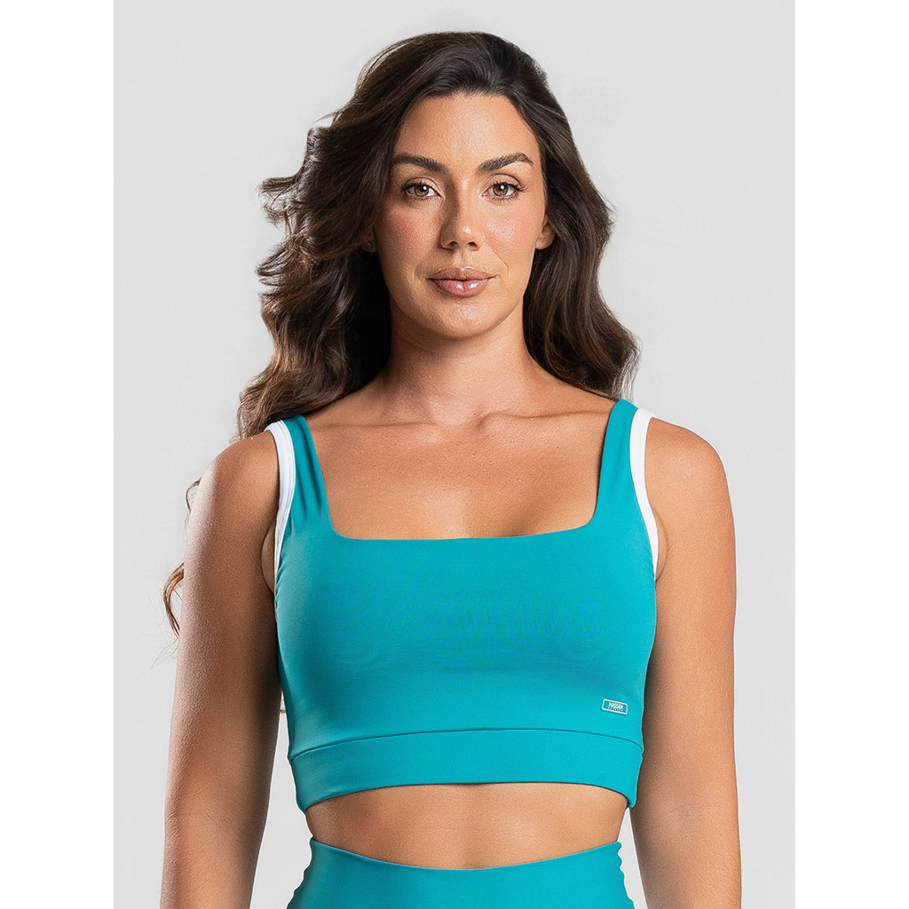 Top Poliamida Decote Quadrado Verde Com Vivo Branco Massam Fitness