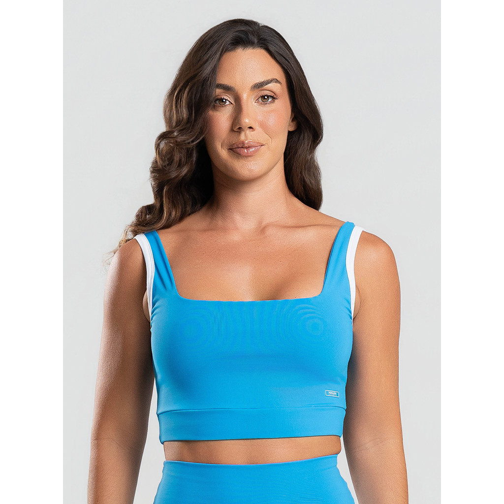 Top Poliamida Decote Quadrado Azul Com Vivo Branco Massam Fitness