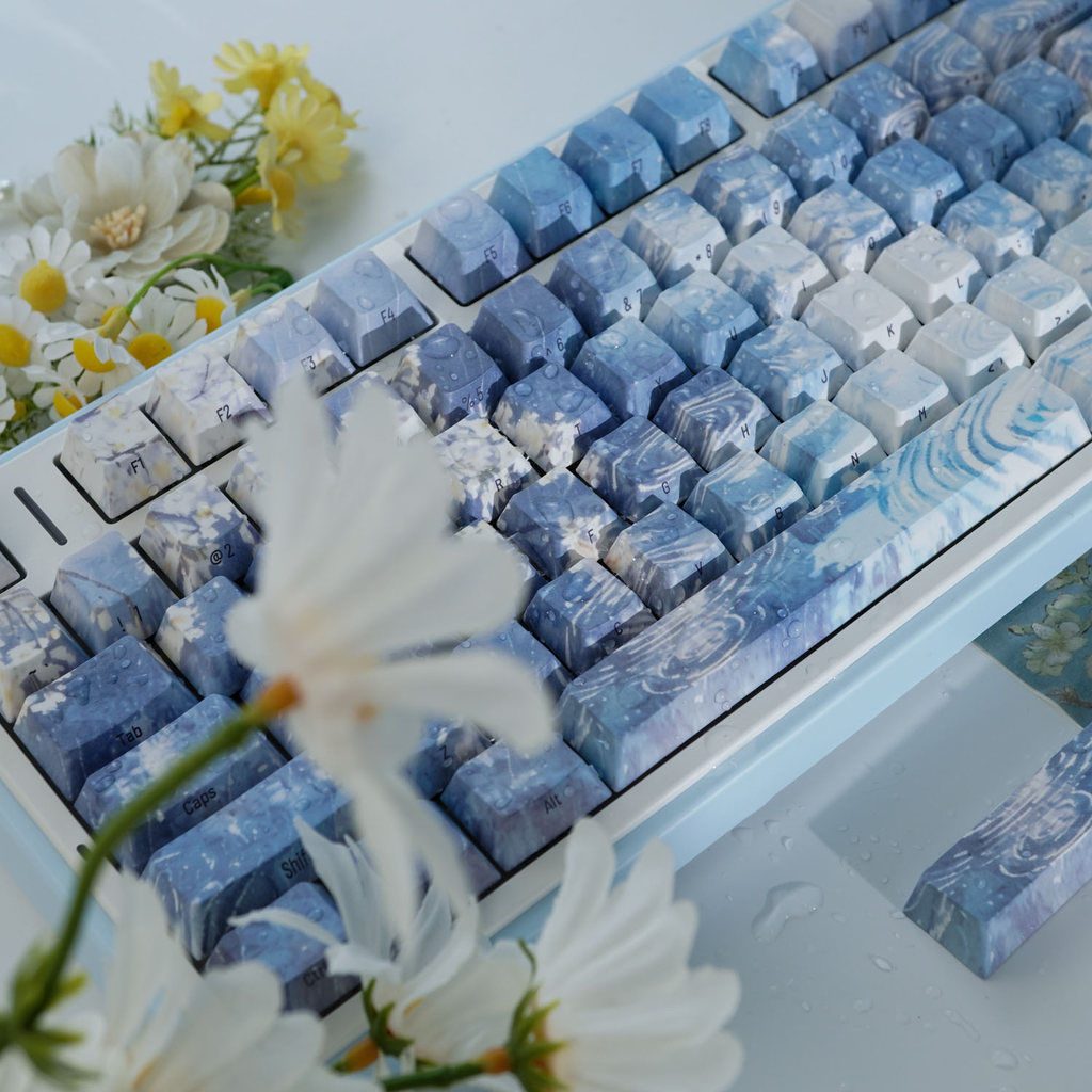 MAIMOOO Blue Pear Blossom Rain Keycap Cherry Profile 120 Teclas PBT Dye Sublimation Aula F75 Galaxy 100 Tinta Lavagem Sa