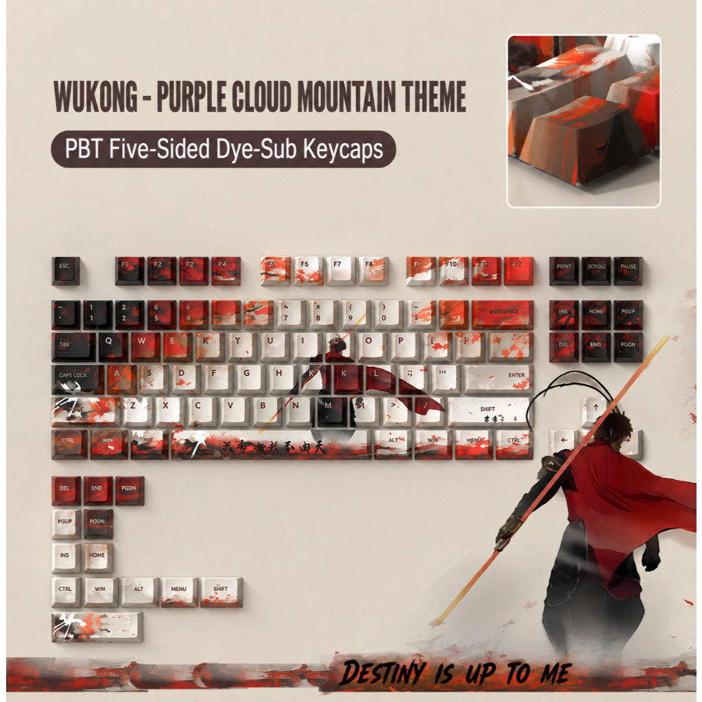 Keycaps PBT Black Myth Wukong 127 Teclas Dye Sublimation Compatível Cherry MX RGB ANSI ISO