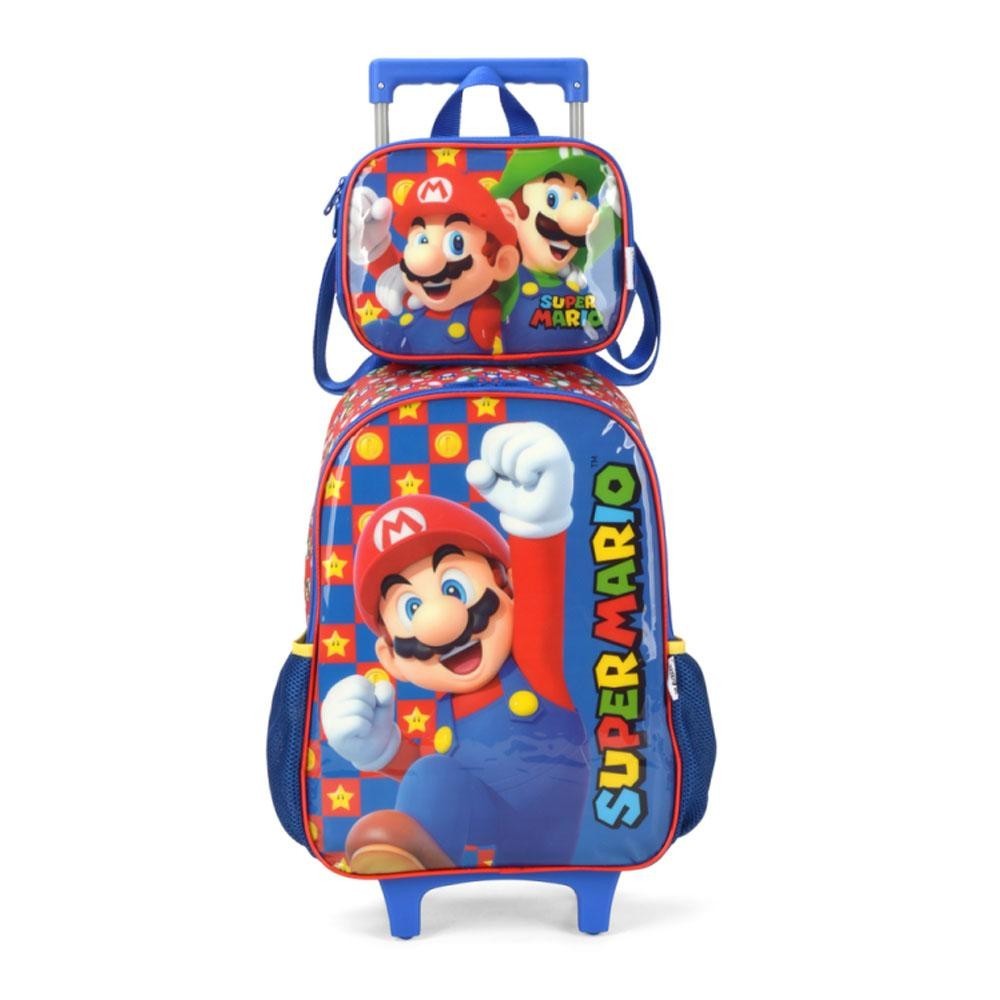 Kit Mochila Car + Lancheira Super Mario Jump Azul Luxcel