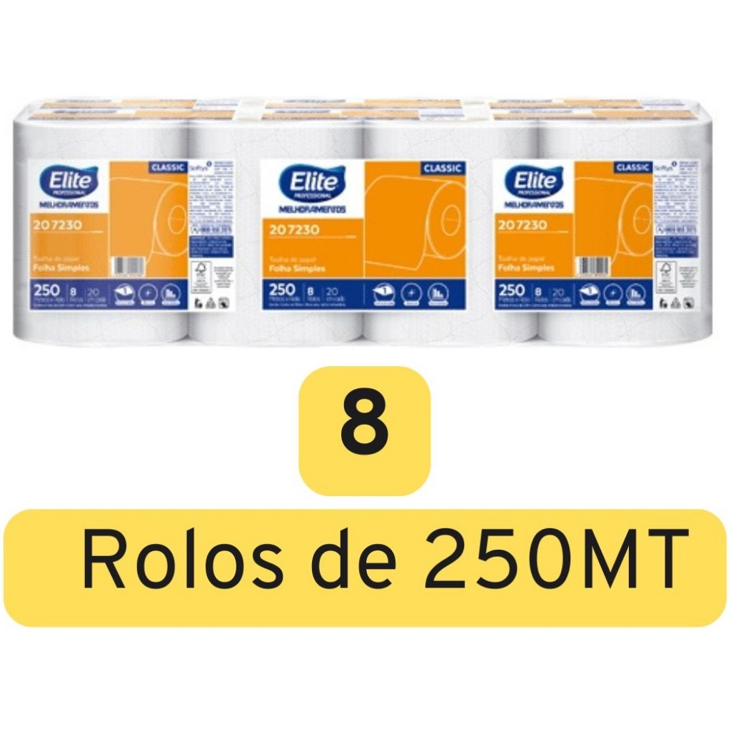 Papel Toalha Elite Professional Rolo Folha Simples Classic 8 Rolos de 250MT