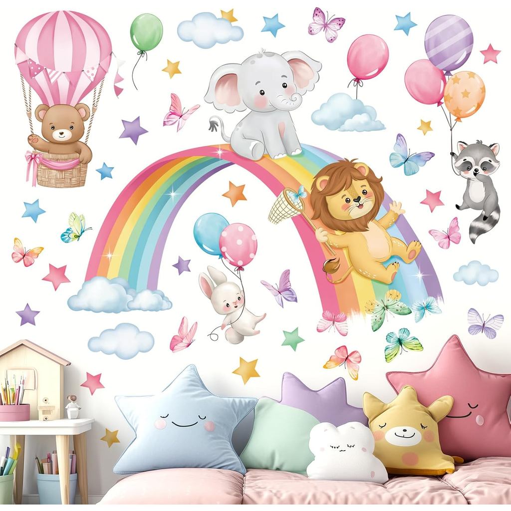 decalmile Rainbow Animal Wall Decals Elephant Lion Bear Clouds Wall Stickers Baby Nursery Kids Room Girls Bedroom Wall D