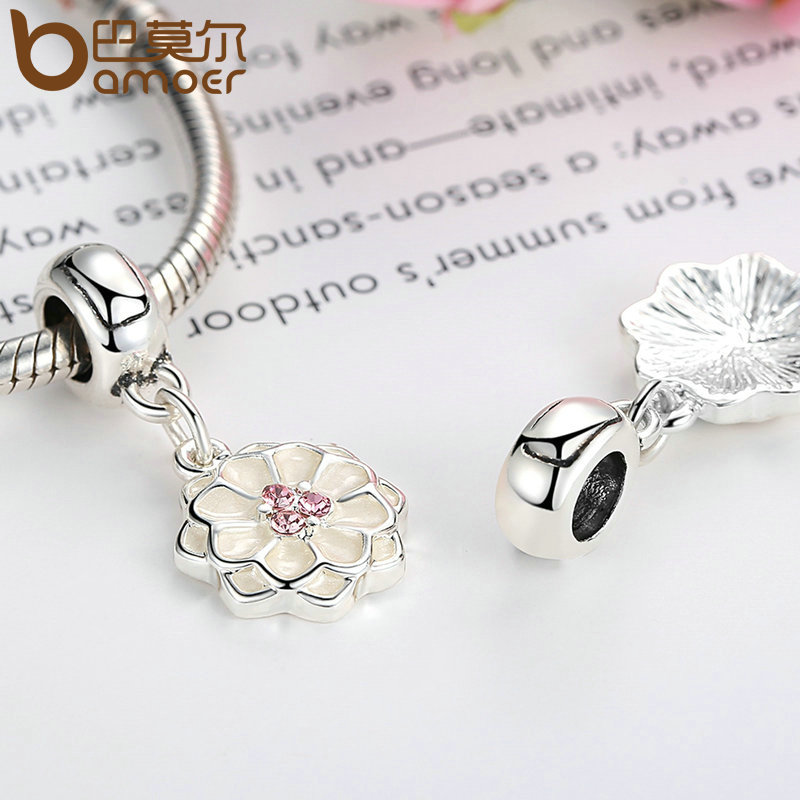 Bamoer Cor Prata Branco BLOOMING Dália Pingente Charme Fit Pulseiras Colares Mulheres Beads & Jewelry Making PA5329