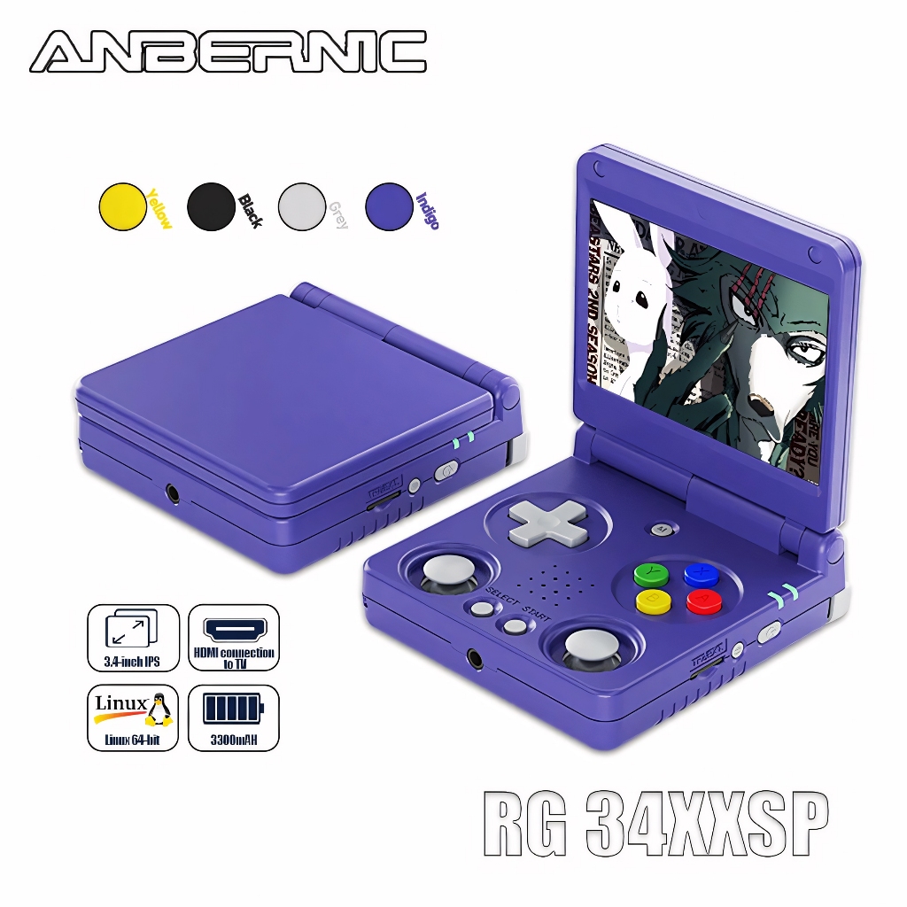ANBERNIC RG34XXSP Flip - 1GB RAM Console de Jogos Portátil Tela IPS 3.4 Polegadas Sistema Linux
