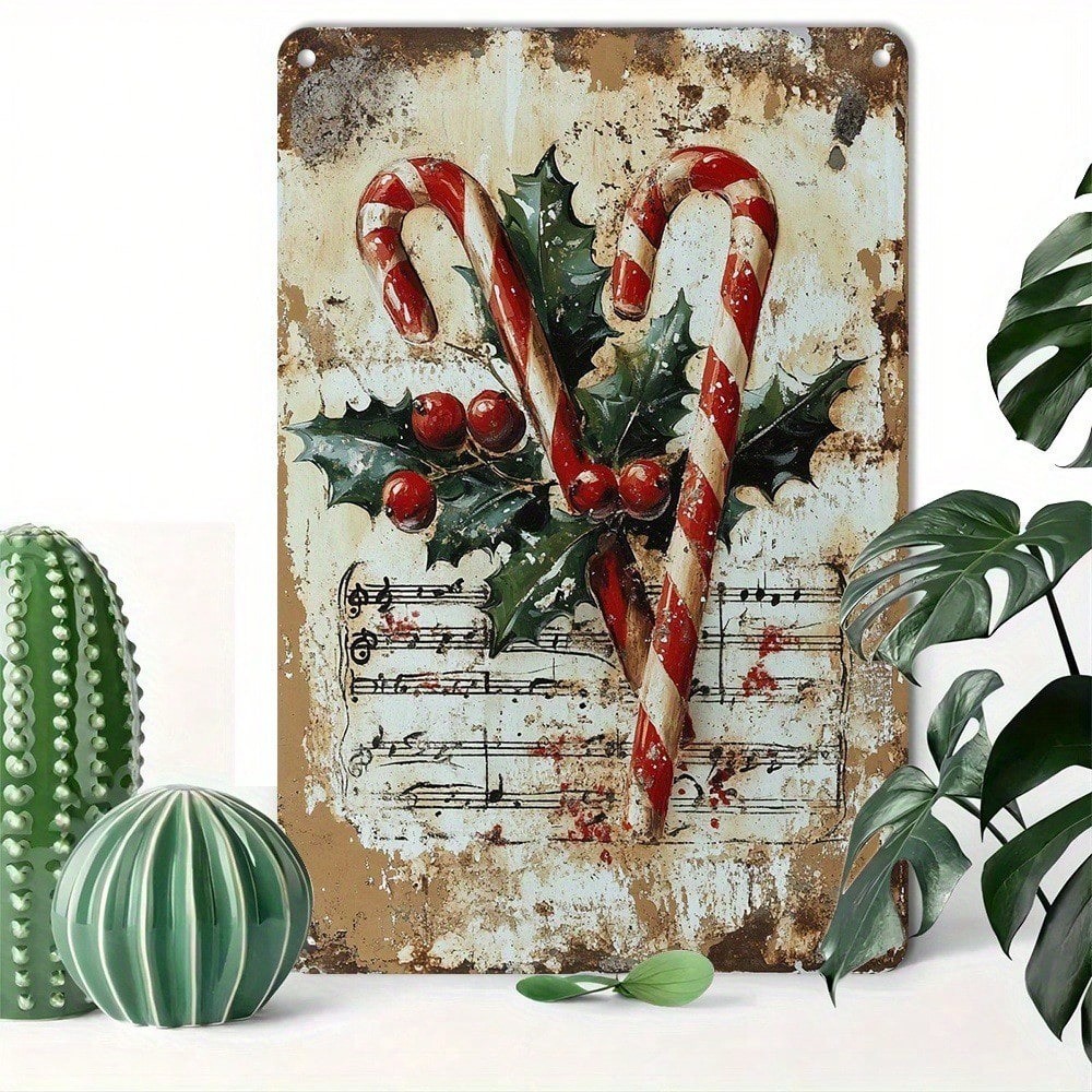 CIFbuy Vintage Red Berries Candy Canes Metal Wall Art Home Bar Decor Presente