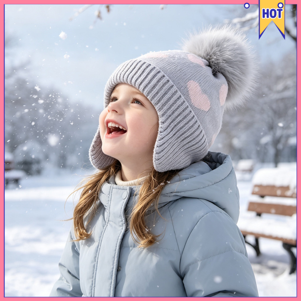 Kids Winter Knit Hat with Cute Heart Pattern Warm Soft Pompom Earflap Beanie for Boys Girls Toddlers – Cozy Weather fo