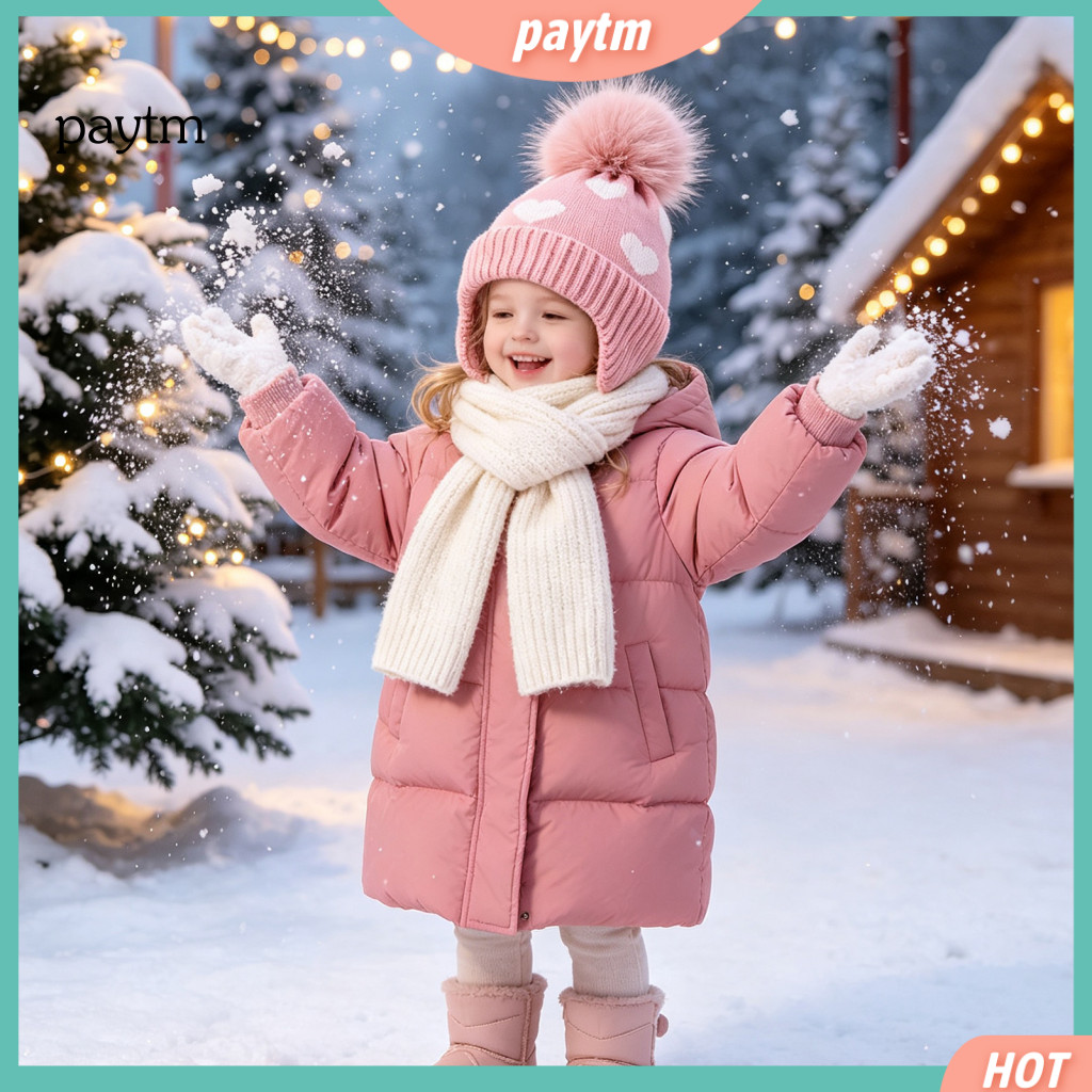 Kids Winter Warm Knitted Hat Essential Knit Cap with Cute Heart Pattern Soft Pompom Earflap Beanie for Boys Girls Toddle
