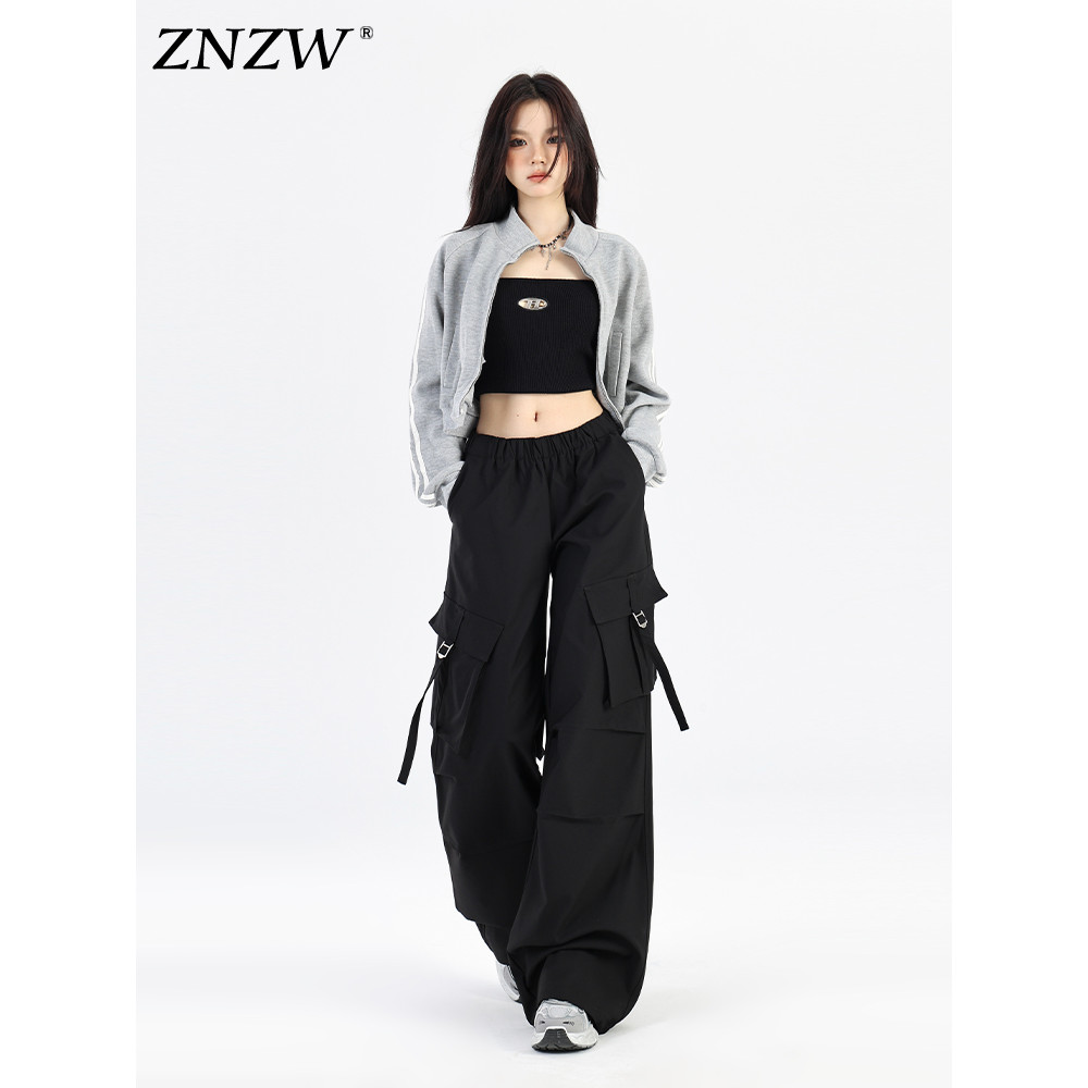 ZNZW macacão preto feminino 2026 outono inverno americano doce estilo legal reto Casual pequenas pessoas caminhadas calç