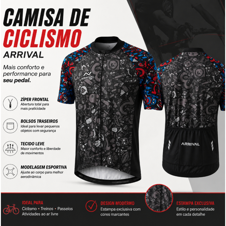 Camisa de Ciclismo Arrival Manga Curta com Zíper Frontal e Bolsos Traseiros - GG