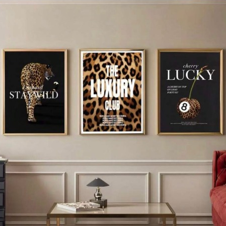Quadros decorativos Leopardo Stay Wild Luxury Club Cherry (3 peças)