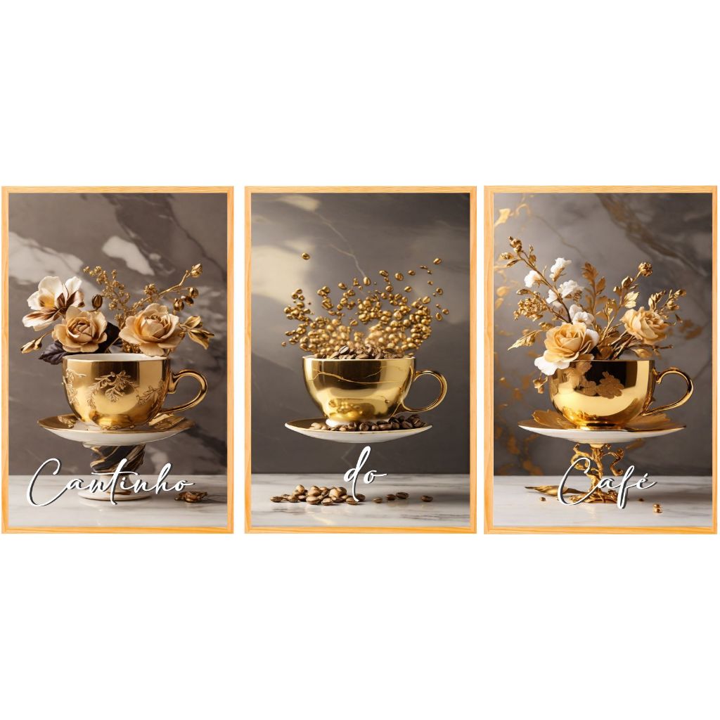 Quadros Decorativos 3 Peças Cantinho Do Café Moderno Para Cozinha Decoração Dourado Luxury (CAFÉ)