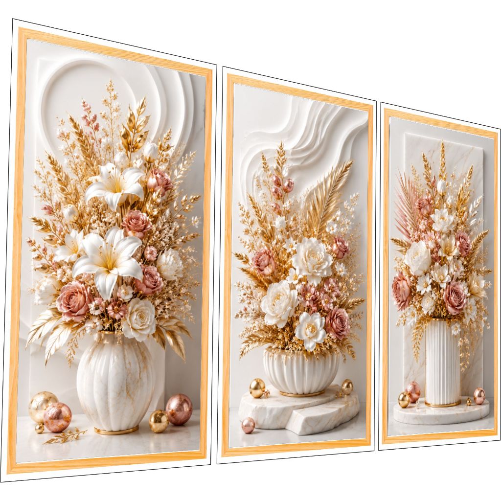 Kit Quadros Decorativos De 3 Peças Vasos De Flores Delicadas Rosas e Douradas Luxury(v.rose)